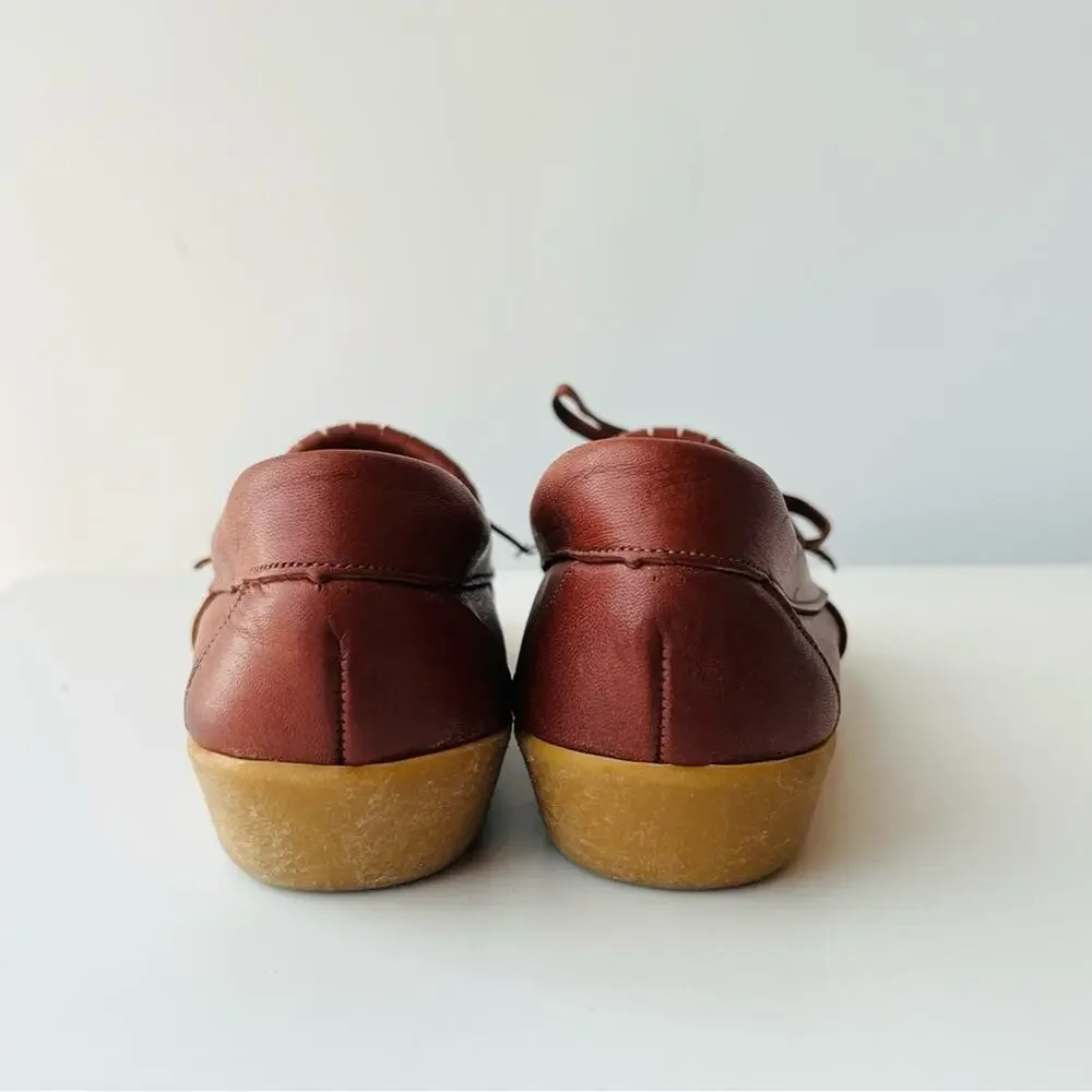 Vintage Red Brown Leather Fringe Moccasins Laced Wedge Rubber Sole Comfortable